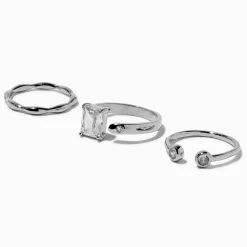 Lot de bagues ajourées sur le devant en zircon cubique couleur argentée - Lot de 3