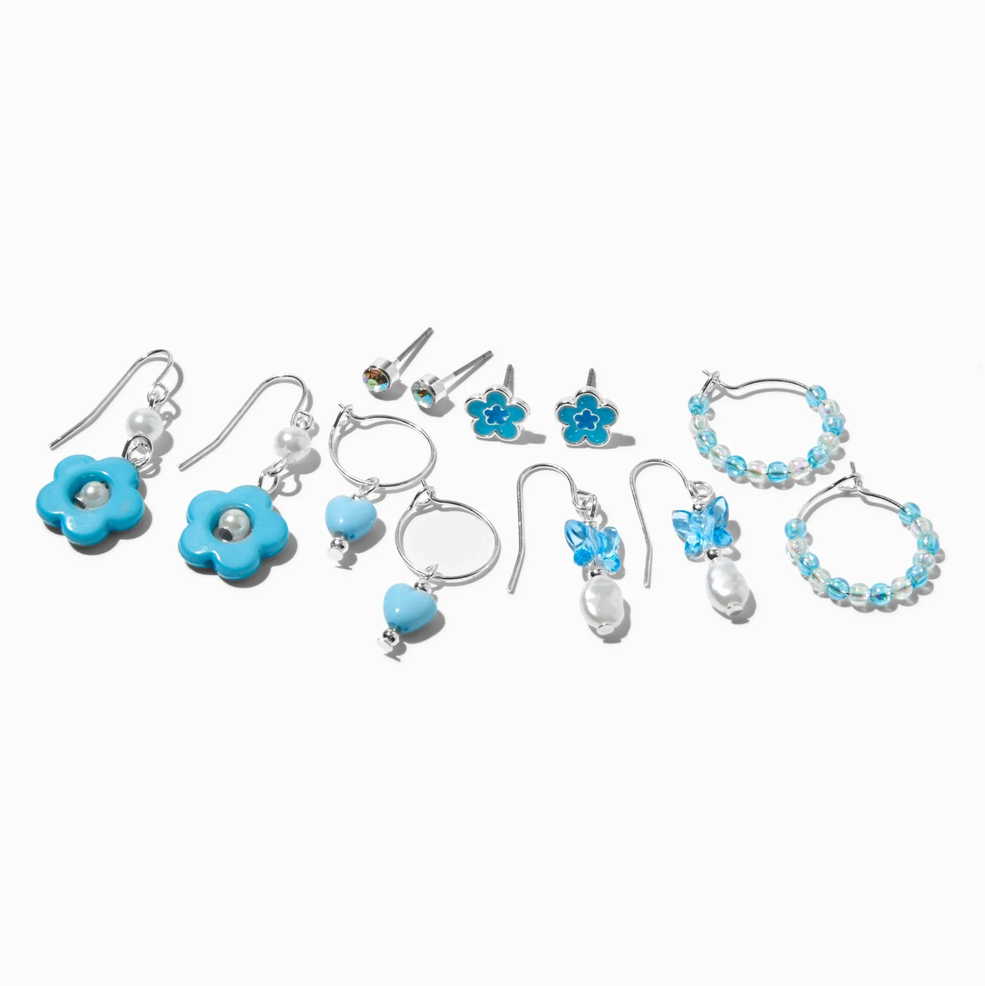 Lot de boucles d'oreilles superposables avec fleurs perlées bleues années 90 - Lot de 6