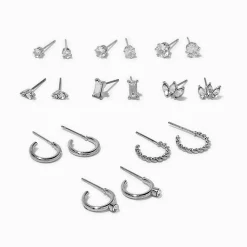Lot de boucles d'oreilles variées extravagantes en zircon cubique couleur argentée - Lot de 9