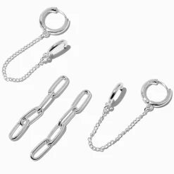 Lot de boucles d'oreilles reliées par une chaîne avec clip trombone couleur argentée - Lot de 3