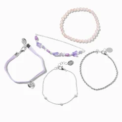 Lot de bracelets chaîne et perlé, imitation velours violet cœur couleur argentée - Lot de 5