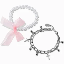 Lot de bracelets multi-rangs chaîne croix couleur argentée et perle d'imitation nœud roses - Lot de 2
