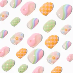 Lot de faux ongles autocollants stiletto icônes pastel - Lot de 24