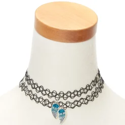 Lot de 2 ras-de-cou effet tatouage avec cœur bleu à paillettes best friends