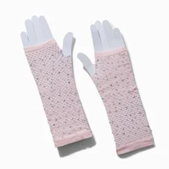 Mitaines en résille roses avec strass incrustés