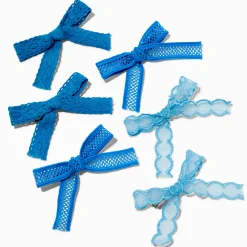 Mixed Blue Lace Hair Bow Clips - 6 Pack