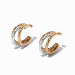 Mixed Metals Cluster Triple Hoop Earrings