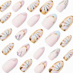 Multi Daisy Gold Chrome Bling Stiletto French Tip Vegan Faux Nail Set - 24 Pack