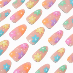 Multicoloured Daisy Long Almond Vegan Faux Nail Set - 24 Pack