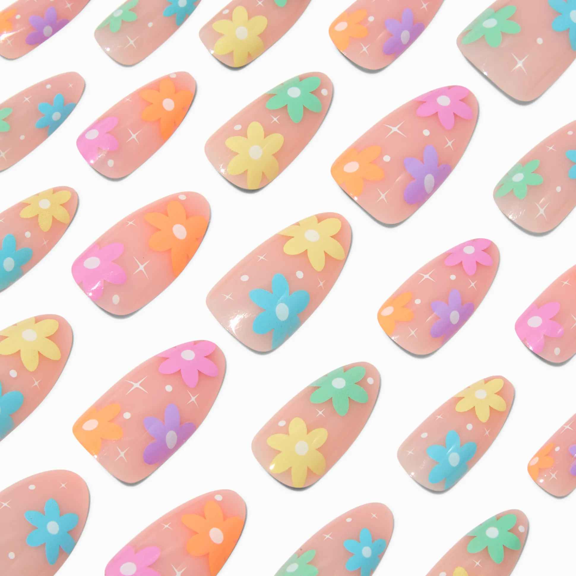 Multicoloured Daisy Long Almond Vegan Faux Nail Set - 24 Pack