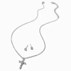 Parure de bijoux croix en zircon cubique couleur argentée - Lot de 2