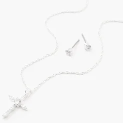 Parure de bijoux croix zircon cubique d'imitation couleur argentée — Lot de 2