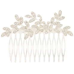 Peigne motif feuille en strass couleur argenté