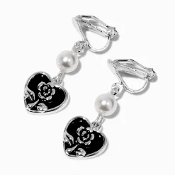 Pendantes à clip 2,5 cm perle d'imitation et cœur noires