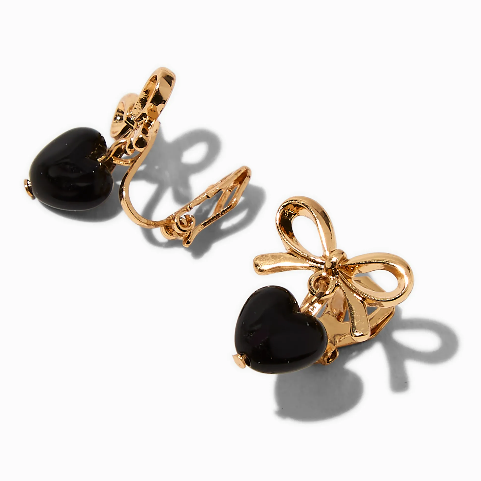 Pendantes à clip cœur noir nœud couleur dorée
