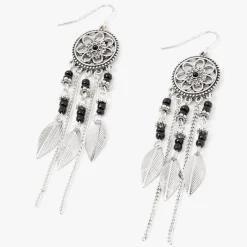 Pendantes attrape-rêves perlées fleurs 8 cm couleur argentée - Noir