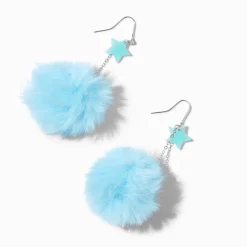 Pendantes 8 cm bleues avec pompons et étoiles phosphorescentes