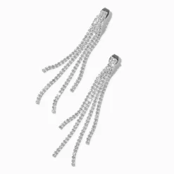 Pendantes 8 cm chaînes frangées de strass couleur argentée