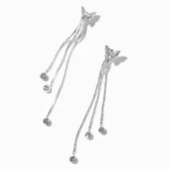 Pendantes 8 cm chaînes frangées couleur argentée papillon en strass