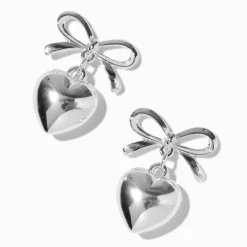 Pendantes 1,5 cm cœur et nœud couleur argentée
