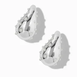 Pendantes 2,5 cm haricot long parsemées de perles d’imitation couleur argentée