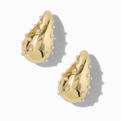 Pendantes 2,5 cm haricot long parsemées de perles d’imitation couleur dorée