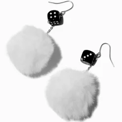 Pendantes 8 cm pompon blanc dé noir