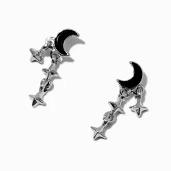 Pendantes couleur argentée croissant de lune et étoiles noires