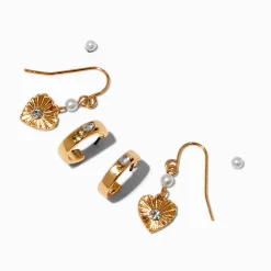 Pendantes empilables cœur côtelées perles d'imitation couleur dorée - Lot de 3