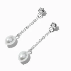 Pendantes linéaires 4 cm avec zircon cubique d'imitation perles d'imitation couleur argentée