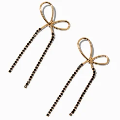 Pendantes nœud à long pans strass noirs couleur dorée