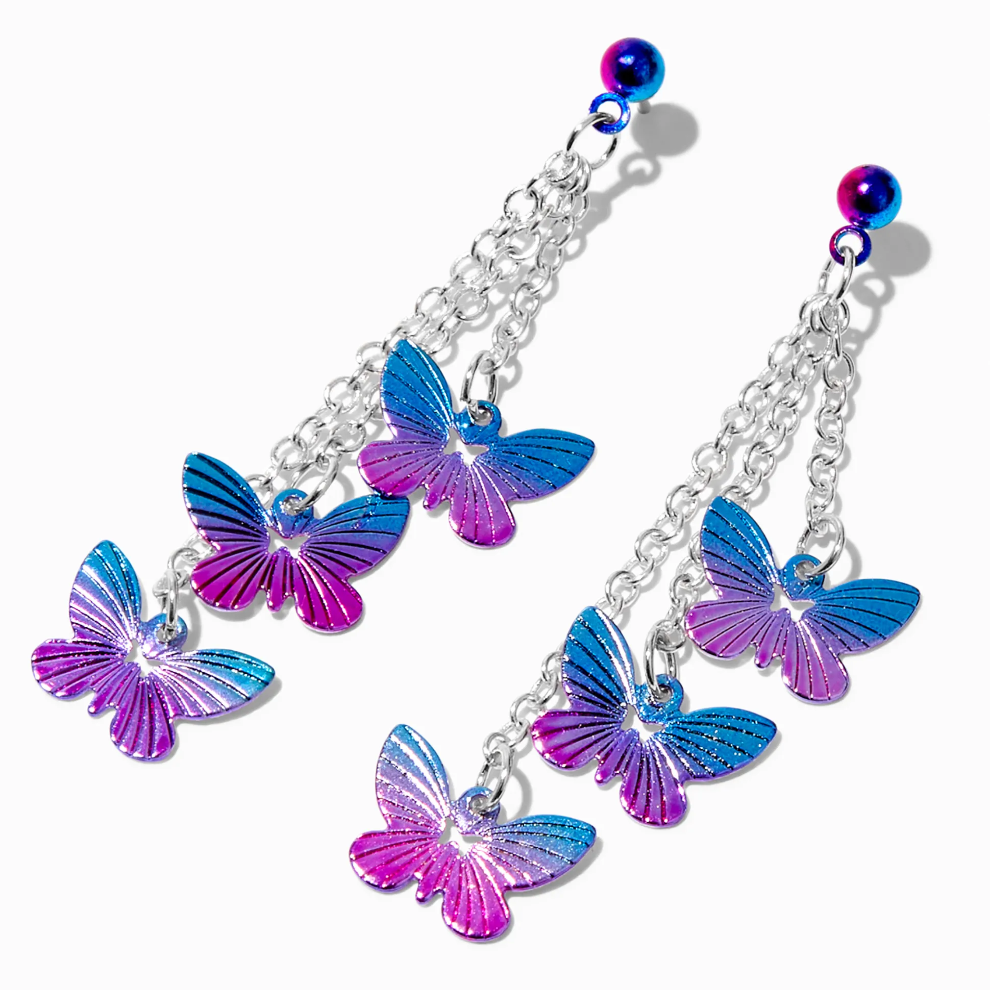 Pendantes papillons anodisés violets avec dégradé 5 cm couleur argentée