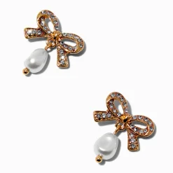 Pendantes perle d'imitation et nœud pavé couleur dorée