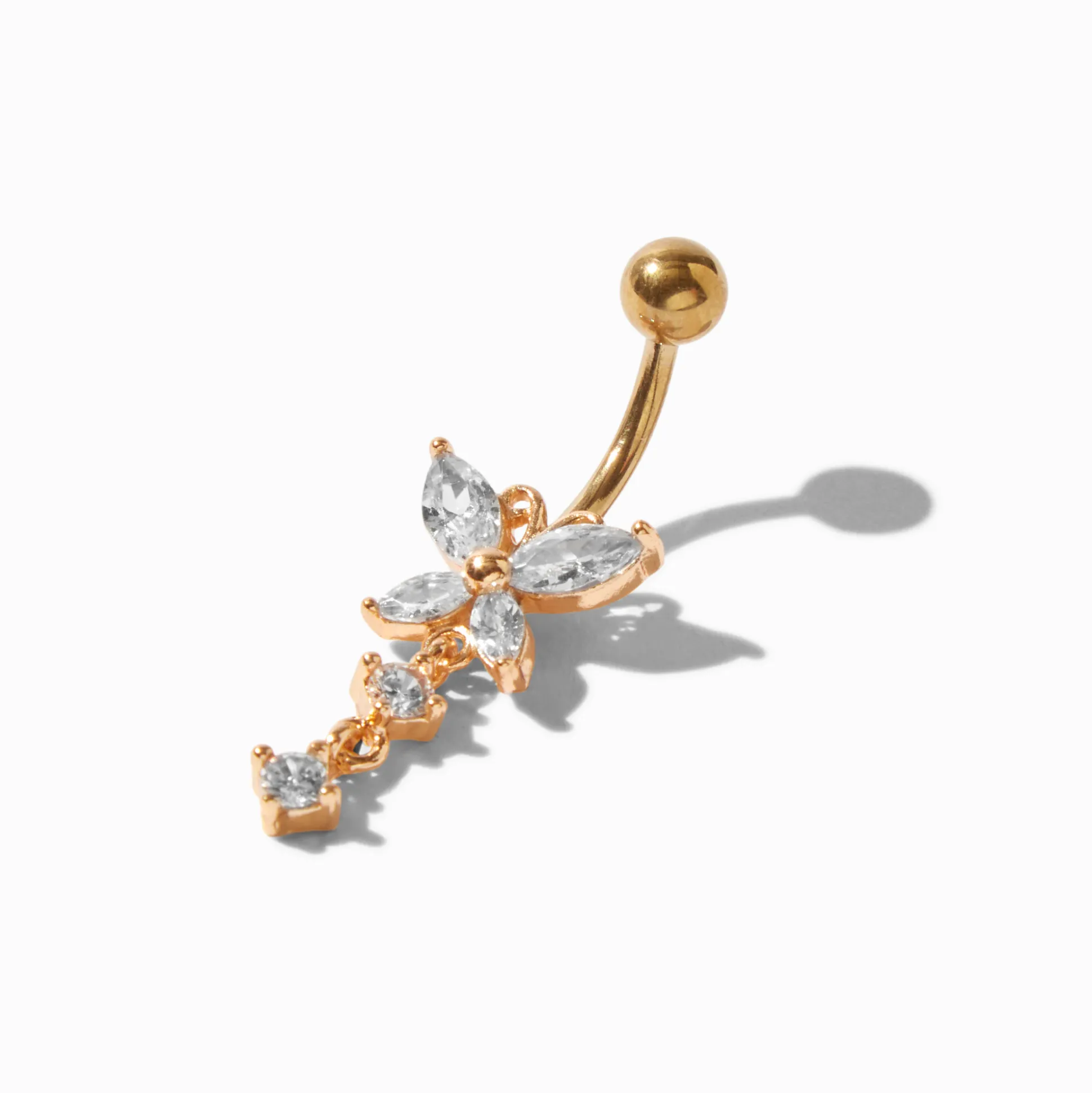 Piercing barre de nombril 1,6 mm avec breloque papillon en zircon cubique et acier inoxydable couleur dorée