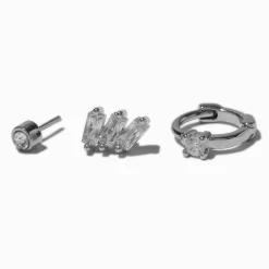 Piercings de cartilage non filetés anneaux et clous 0,8 mm en zircon cubique et acier inoxydable couleur argentée - Lot de 3