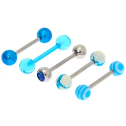 Piercings de langue marbré 1,6mm couleur argenté - Bleu, lot de 5