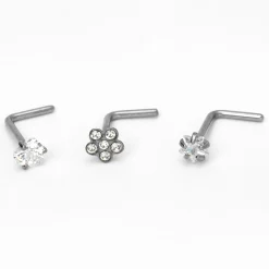Piercings de nez fleur, cœur et étoile 0,8 cm couleur titanée et couleur argentée - Lot de 3