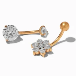 Piercings de nombril 1,6 mm fleur zircon cubique en titane couleur dorée - Lot de 2