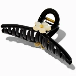 Pince à cheveux noire fleurs blanches