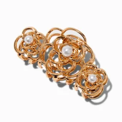 Pince à cheveux perle d’imitation et fleur couleur dorée