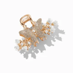 Pince à cheveux perle d'imitation et papillon couleur dorée