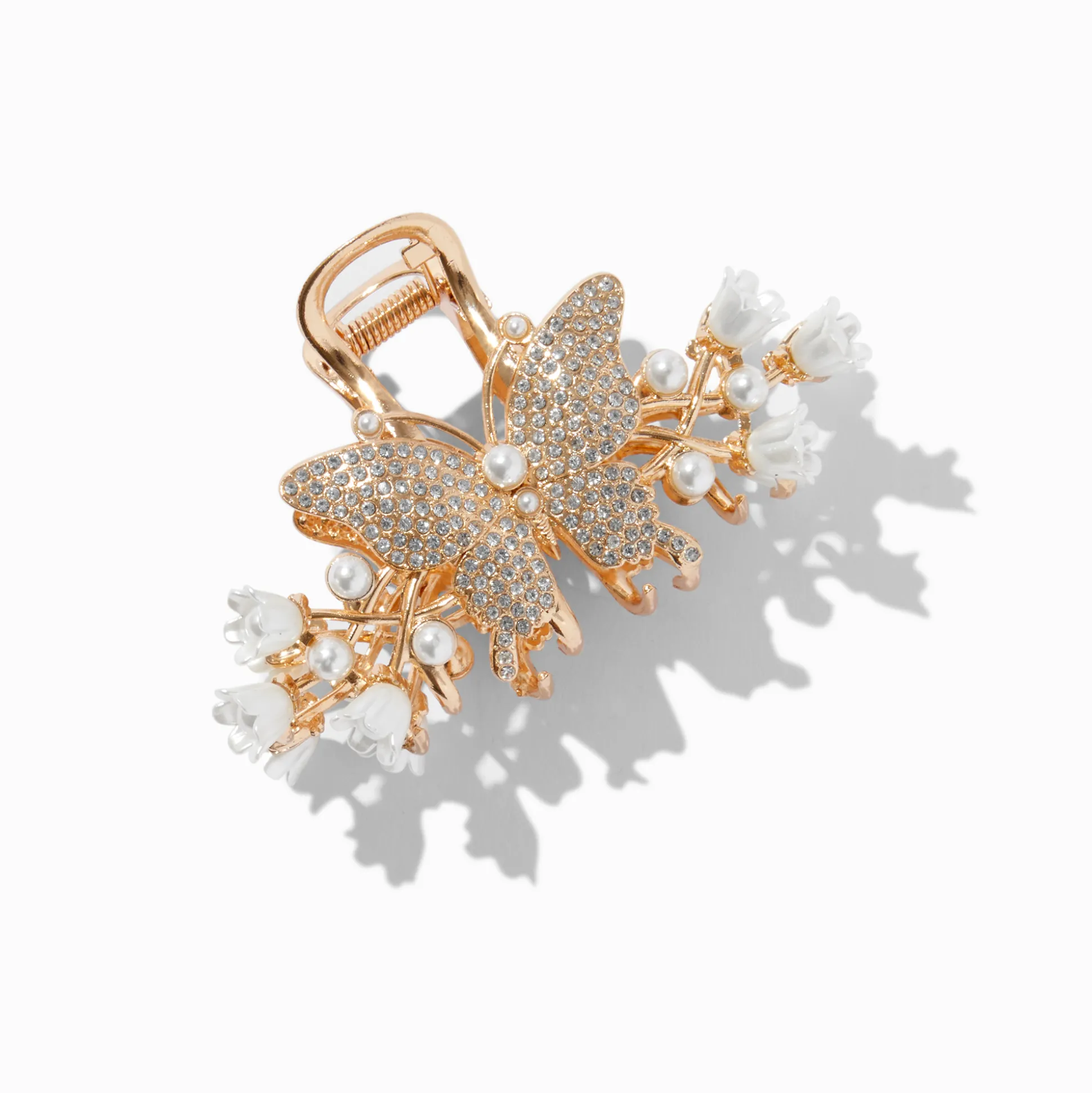 Pince à cheveux perle d'imitation et papillon couleur dorée