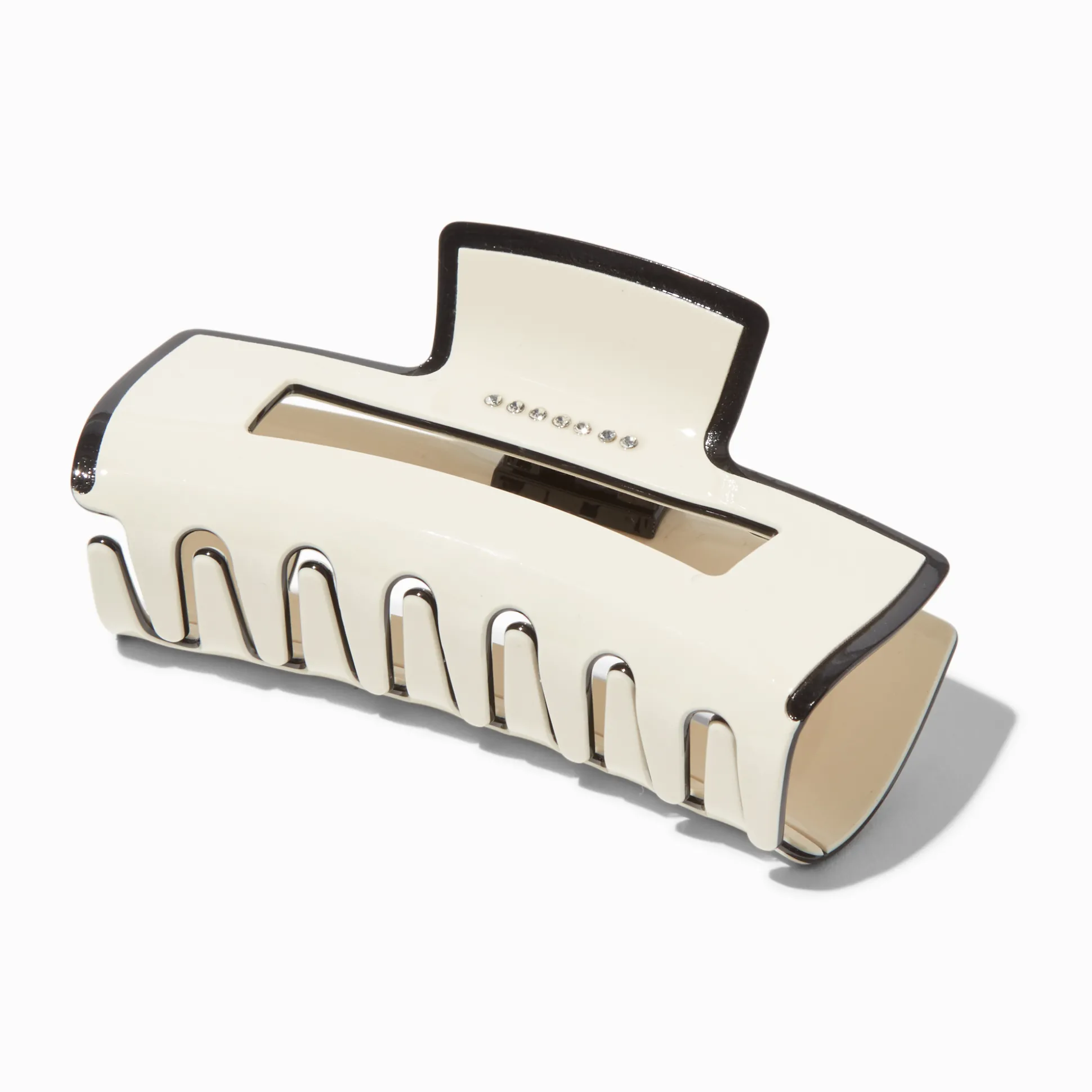 Pince à cheveux rectangulaire crème et noire noirs ornée de strass