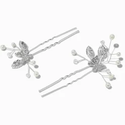 Épingles à cheveux bouquet de fleurs plat perles d'imitation et papillon en strass couleur argentée - Lot de 2