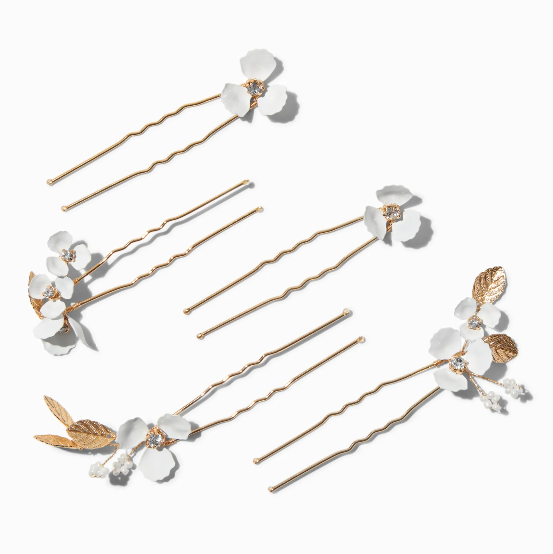 Épingles à cheveux couleur dorée fleurs blanches - Lot de 6