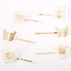 Épingles plates à fleurs et papillons couleur dorée - Blanc, lot de 6