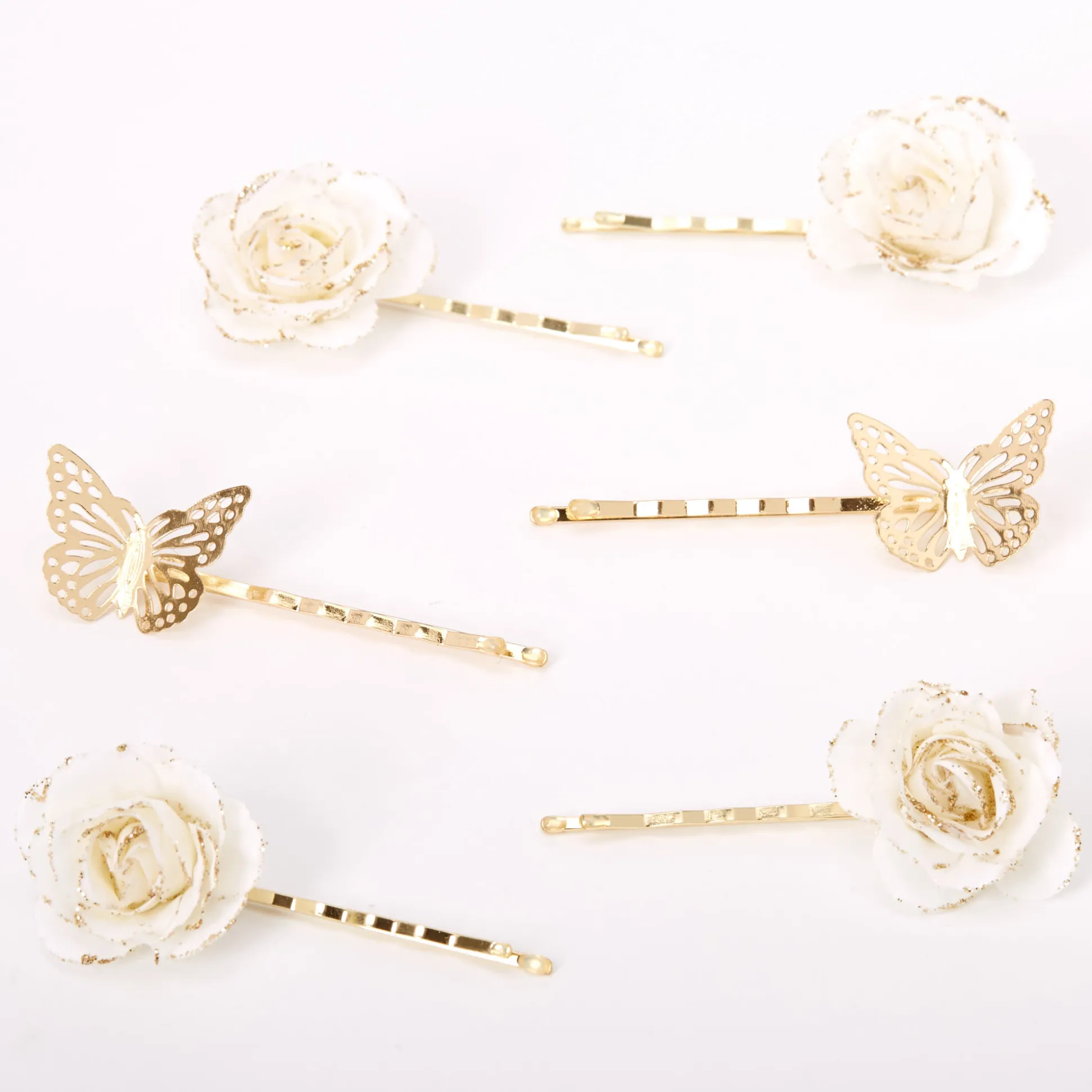 Épingles plates à fleurs et papillons couleur dorée - Blanc, lot de 6