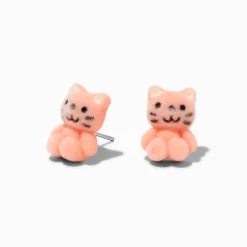 Pink Fuzzy Cat Stud Earrings