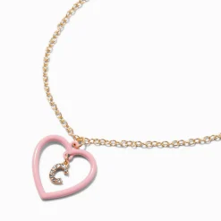 Pink Heart Initial Pendant Necklace - C