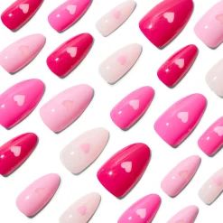 Pink Heart Long Almond Vegan Faux Nails - 24 Pack